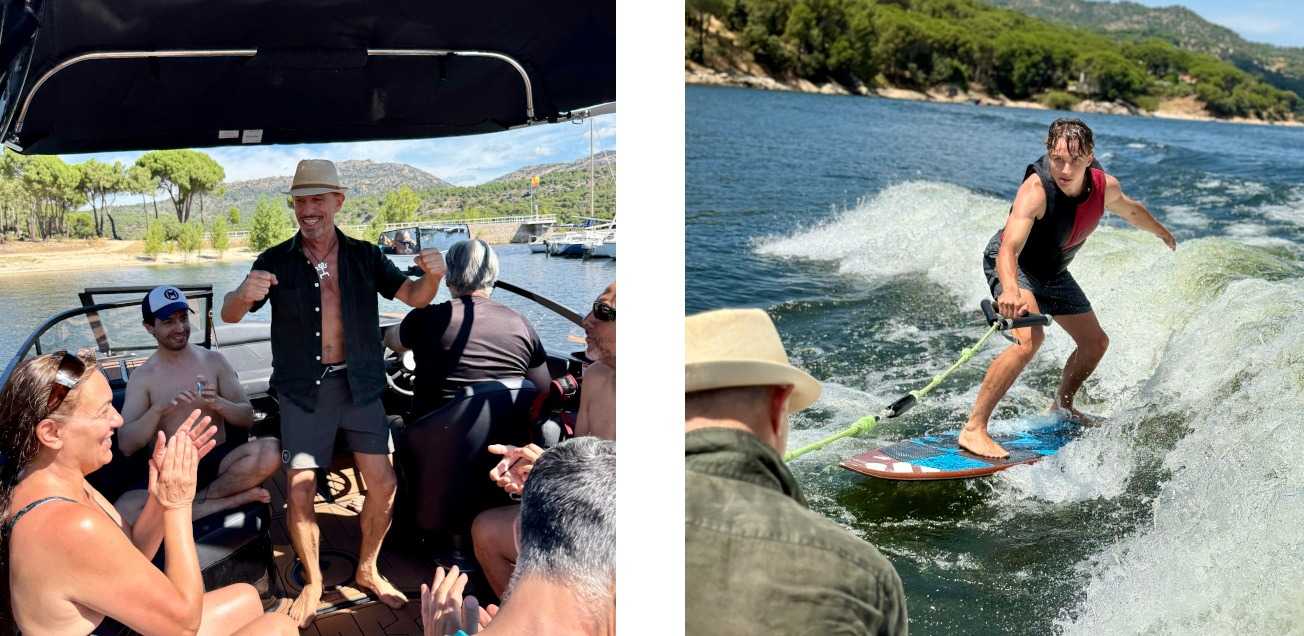 Two snapshots of the Madrid Outdoor & Extreme Sports Group's wakesurfing activity, showing an attendee successfully wakeboarding as well as members having a good time on the chartered boat.
